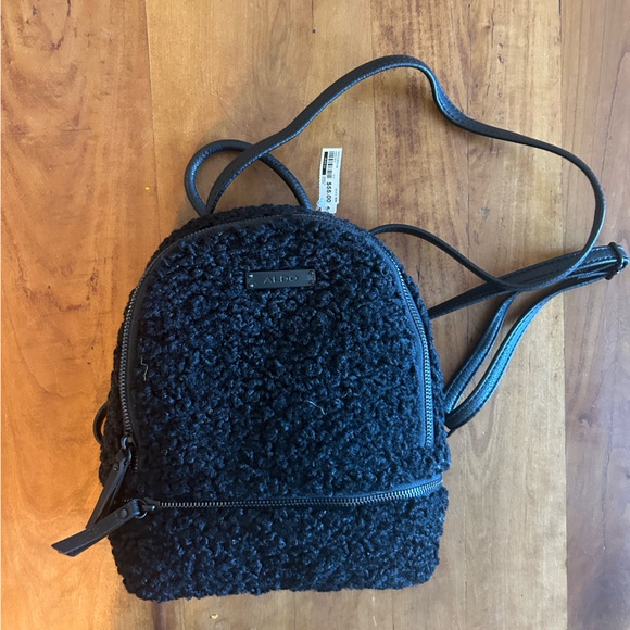 Aldo Women’s Black Sherpa Fleece Mini Backpack Adjustable Faux Leather Trim - Picture 2 of 8
